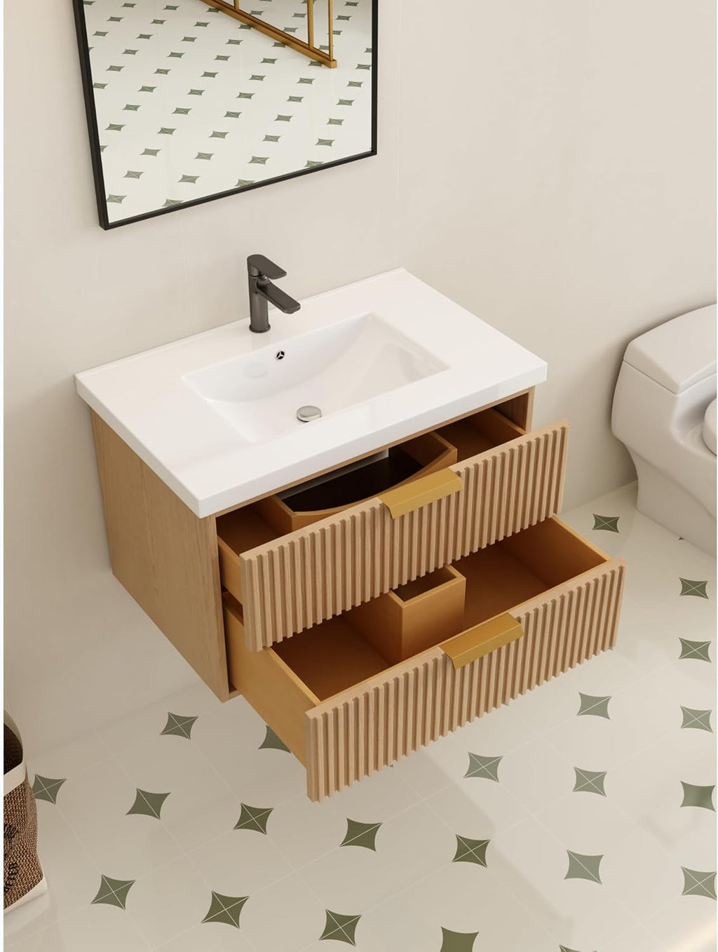 Modern 30' Floating Bathroom Vanity with White Sink in Oak Gray, Solid Wood, Fully Assembled, Single Sink