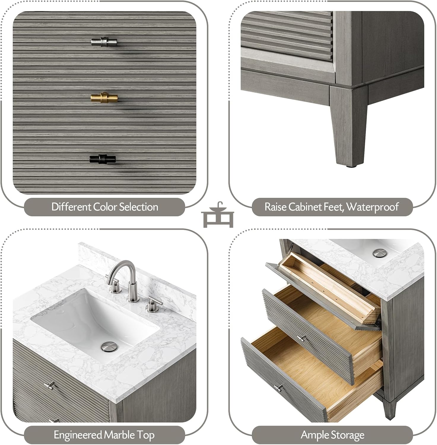 Vanity Art 30' Bathroom Vanity with Single Sink & Arabescato White Engineered Stone Top, Vanity Cabinet with Soft Closing Door, Solid Wood Frame, Brushed Nickel Handles, Driftwood Gray VA8130-DG-BN