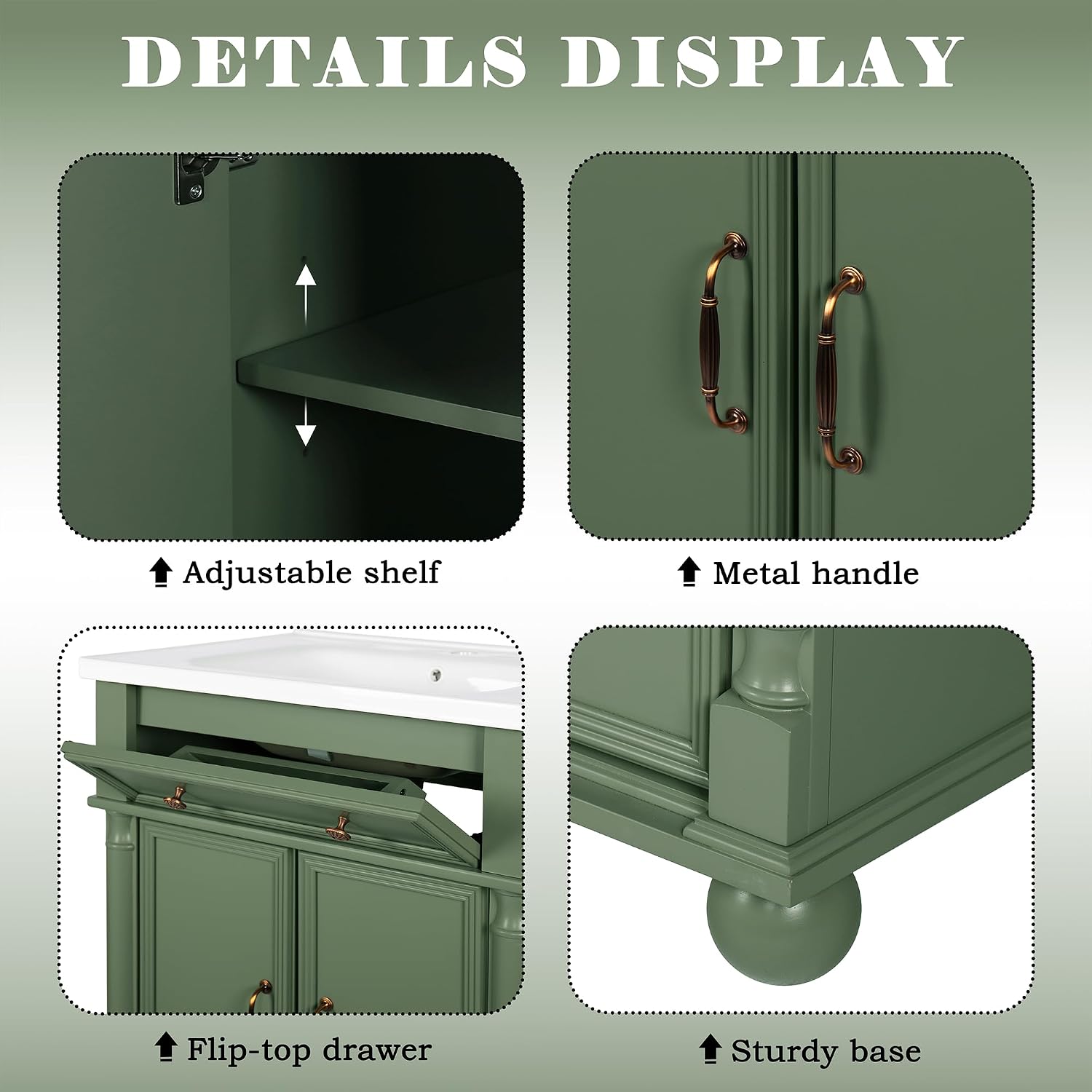 28' Vintage Bathroom Vanity with Ceramic Sink Mid-Century Bathroom Vanity with Tilt-out Drawer & Storage Cabinet with Adjustable Shelf Retro Sink Vanity with Roman Column Base & Metal Handle,Green