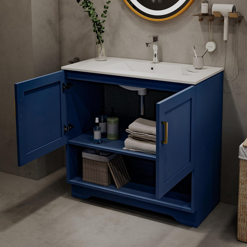36 Inch Modern Bathroom Vanity with Ceramic Sink - Freestanding Cabinet 2 Soft-Close Doors & 1 Open Shelf, White Space-Saving Design for Powder Rooms (Blue)
