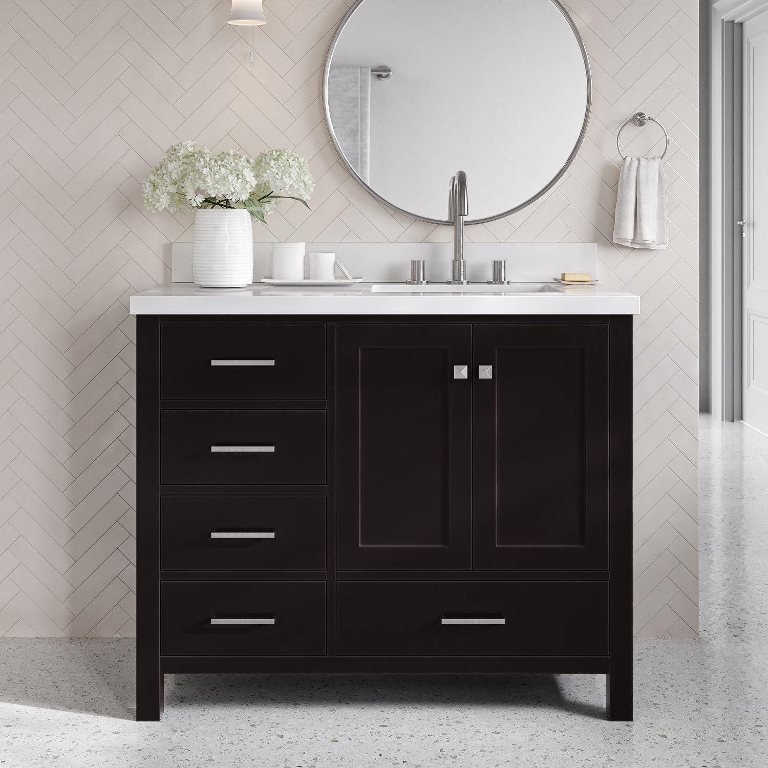 DKB Beckford 42-Inch Espresso Single Bathroom Vanity with Sink, 1.5-Inch White Quartz Countertop & Backsplash, Right Rectangular Undermount Sink, 2 Soft Closing Doors, 5 Dovetail Drawers, Solid Wood