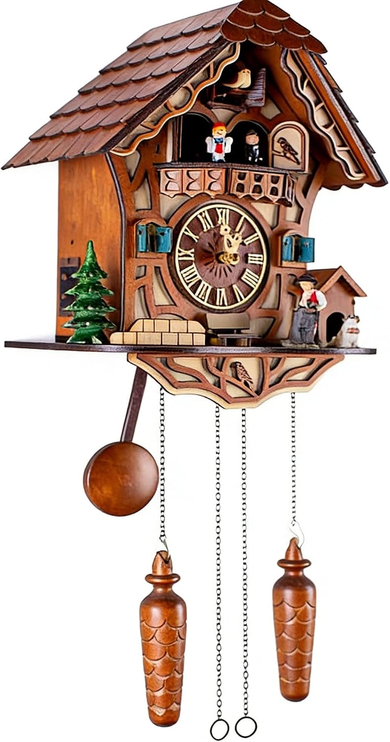 Traditional Black Forest Wooden Cuckoo Clock with Dancing Figures, Handcrafted Wall Clock with Moving Dancers for Dining Room