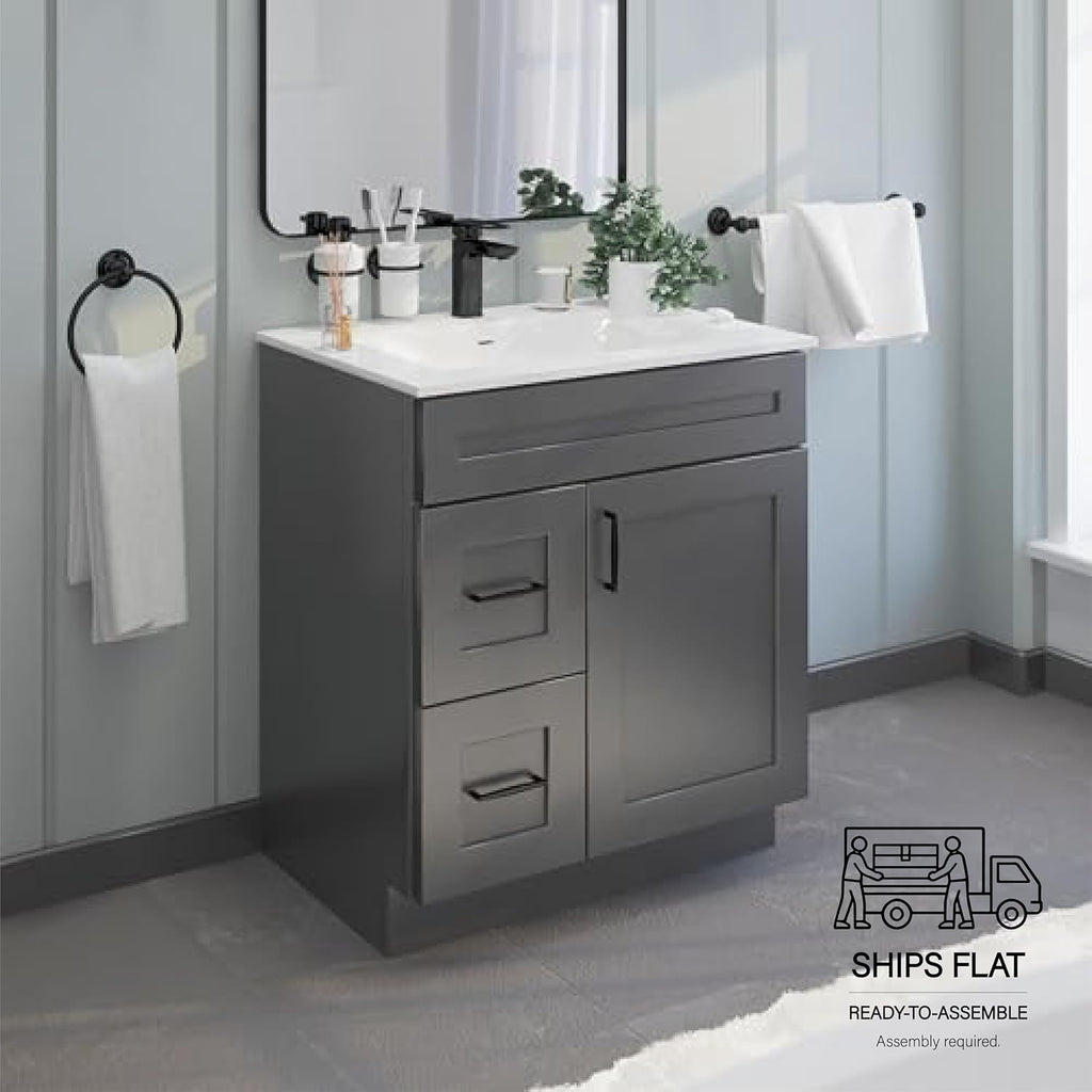 30' Shaker Bathroom Vanity Sink Base with Drawers (Ready-to-Assemble) (Grey Shaker Vanity Base)