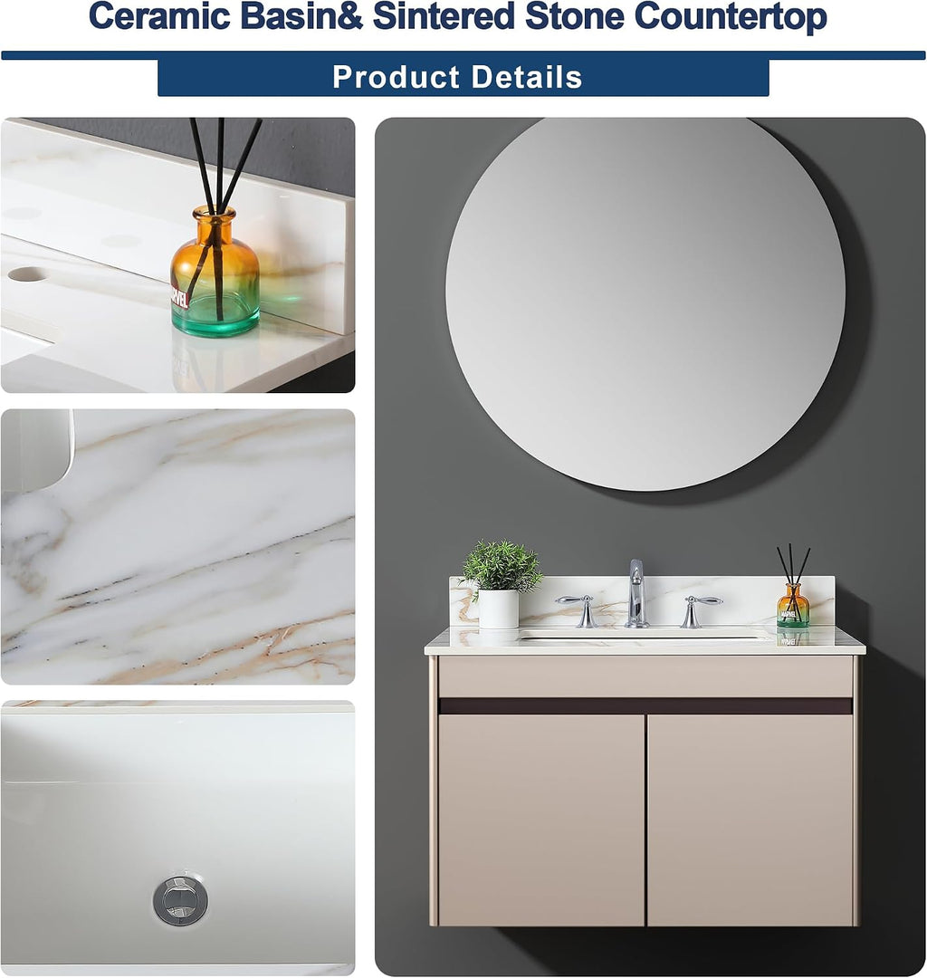Runboll 31' Marble Vanity Top with Sink, Sintered Stone Bathroom Vanity Top with Undermount Rectangular Bowl, 4' Backsplash, Pre-Drilled 8' 3 Faucet Holes (Cabinet NOT Included)