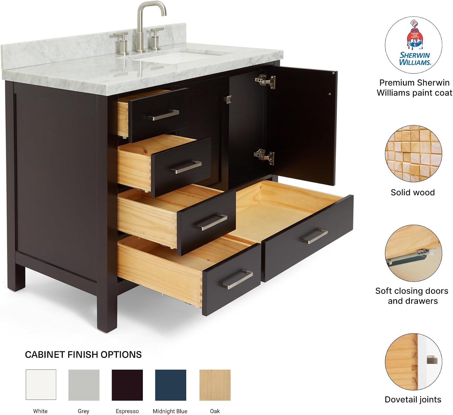 DKB Beckford 42-Inch Espresso Single Bathroom Vanity with Sink, Solid Wood, 1.5' Carrara Marble Countertop & Backsplash, Right Rectangular Undermount Sink, 2 Soft Closing Doors, 5 Drawers