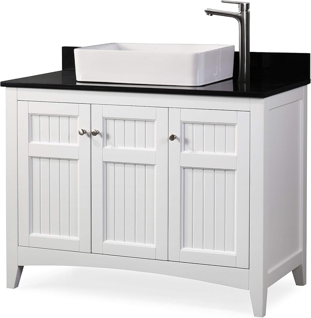 42' Triadsville White Vanity with Black Granite Top, Vessel Style Bathroom Sink, Soft-Closing Doors, Full Extension Drawer, Brushed Nickel Hardware