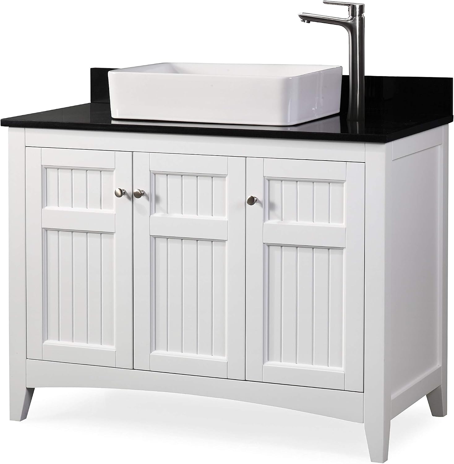 42' Triadsville White Vanity with Black Granite Top, Vessel Style Bathroom Sink, Soft-Closing Doors, Full Extension Drawer, Brushed Nickel Hardware