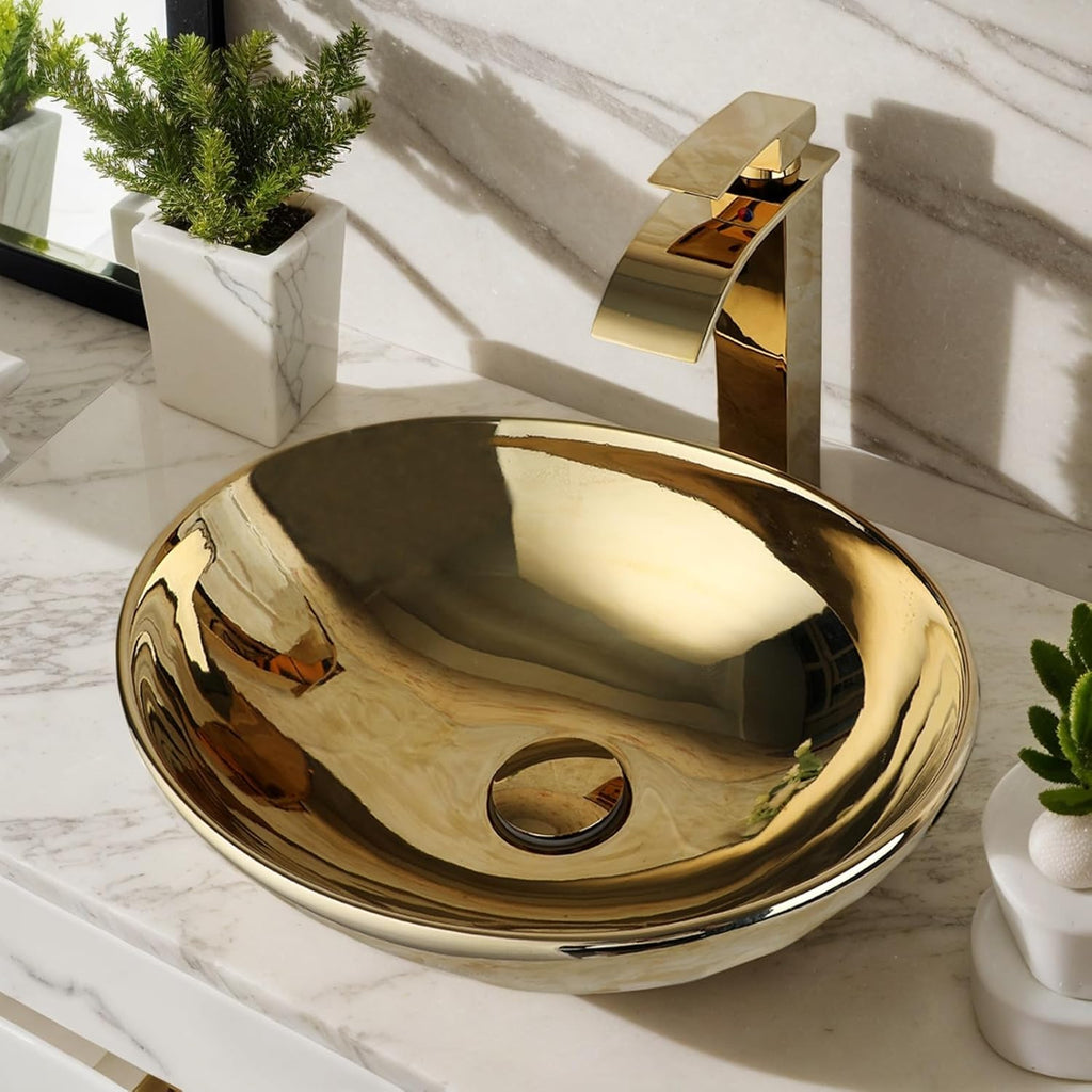 Oval Gold Vessel Sink with Faucet and Pop-Up Drain 17'x14' Bathroom Ceramic Basin Above Counter Bowl Sinks Thickened Compact Boat Shape Sinks for Small Bathrooms Vanities and Apartment Top