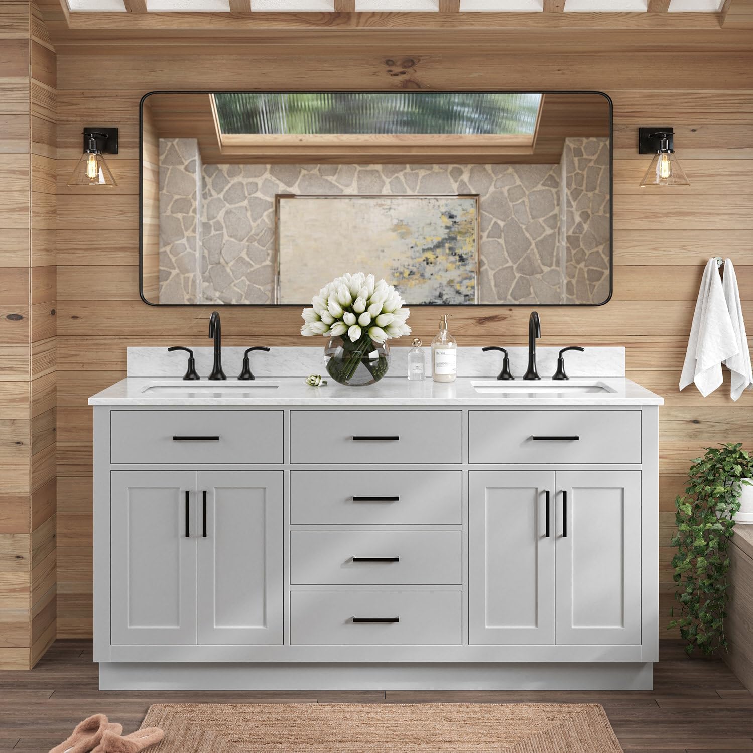 ARIEL Hepburn 66-inch Bathroom Vanity with Sink,Solid Wood, 0.75-inch Italian Carrara Marble Countertop, Double Rectangular Porcelain Sink, 4 Soft Closing Doors, 6 Dovetail Drawers, Grey