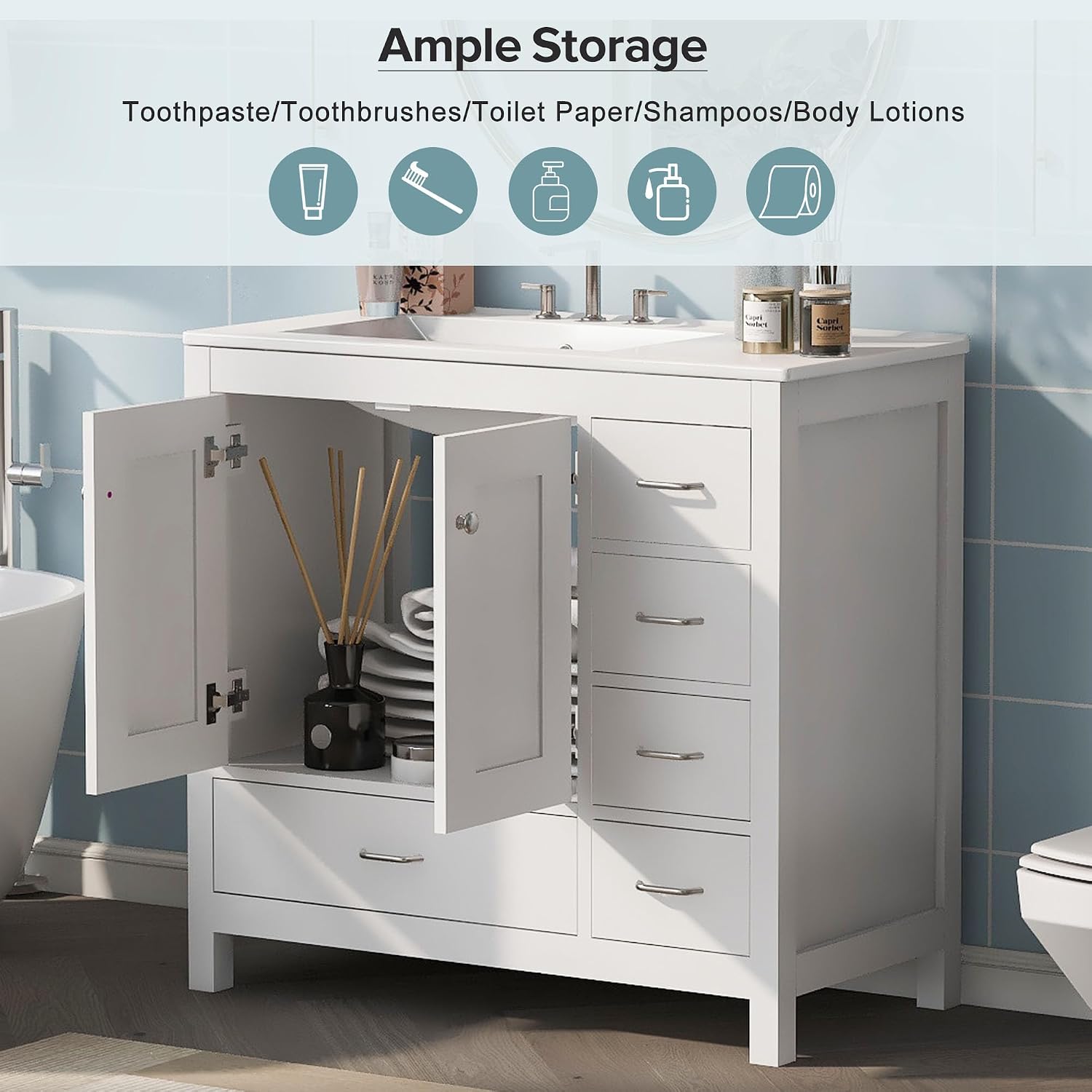 Harper & Bright Designs 36' Bathroom Vanity with Sink, Free Standing Single Basin Vanity Set with Two Doors and 5 Drawers, Solid Wood Bathroom Cabinet with Ceramic Basin for Bathroom, White