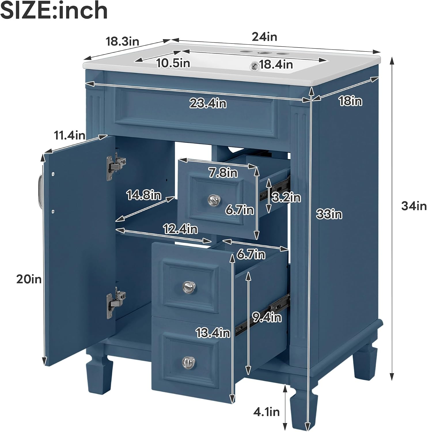 24 Inch Blue-Grey Bathroom Vanity with Sink,Modern Bathroom Vanity with 2 Drawers & Adjustable Shelf,Soft Closing Doors & Black Handles,Solid Wood Frame,French Embossed Front