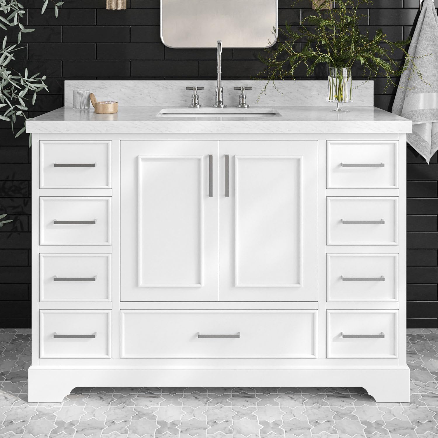 ARIEL Stafford 48-inch Bathroom Vanity with Sink,Solid Wood, 1.5-inch Italian Carrara Marble Countertop, Single Rectangular Porcelain Sink, 2 Soft Closing Doors, 9 Dovetail Drawers, White