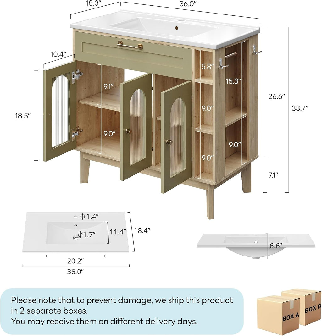 LIKIMIO 36 Inch Bathroom Vanity with Sink, Arched Glass Door Storage with Adjustable Shelf, Towel Bar & Toilet Paper Holder, Side Open Shelves, Solid Wood Legs, 36' Single Sink Vanity
