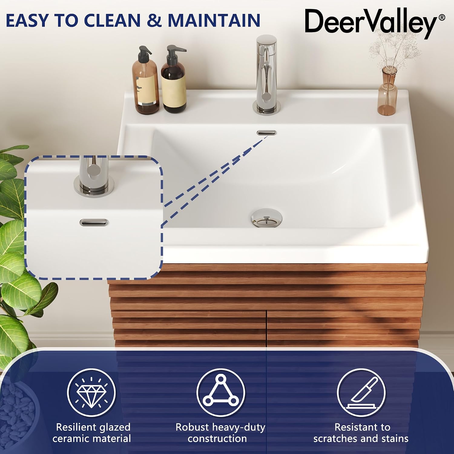 DeerValley 24' Bathroom Vanity with Ceramic Sink Top, Multifunctional Storage Space Vanity, Soft Closing Doors, Pre-Assembled Mid-Century Wood Bathroom Cabinet Sink Combo in Walnut White