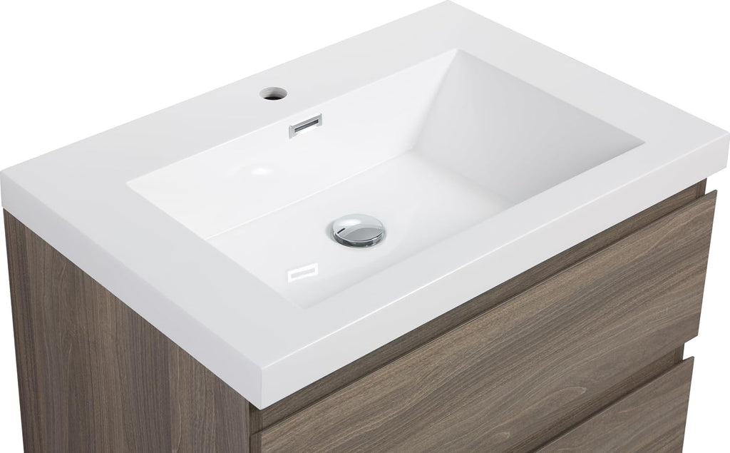 Neftis 30-Inch Floating Vanity with Sink, Pre-Assembled Modern Bathroom Vanity Sink Combo with Storage, Soft-Closing Drawers, One-piece Countertop White Resin Sink, Ash Grey Vanity for Bathroom