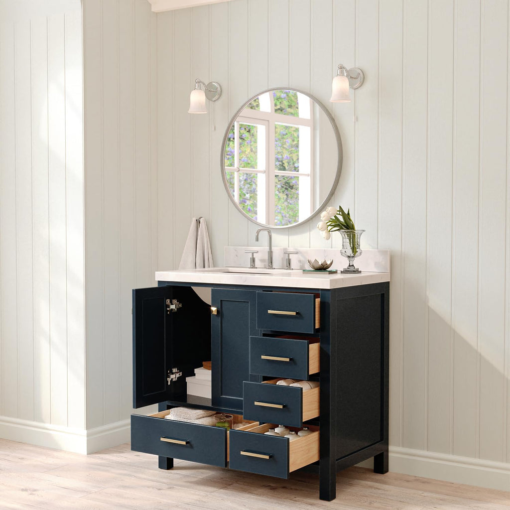 ARIEL Cambridge 36-inch Bathroom Vanity with Sink,Solid Wood, 1.5-inch Carrara White Quartz Countertop, Single Rectangular Porcelain Sink, 2 Soft Closing Doors, 5 Dovetail Drawers, Midnight Blue