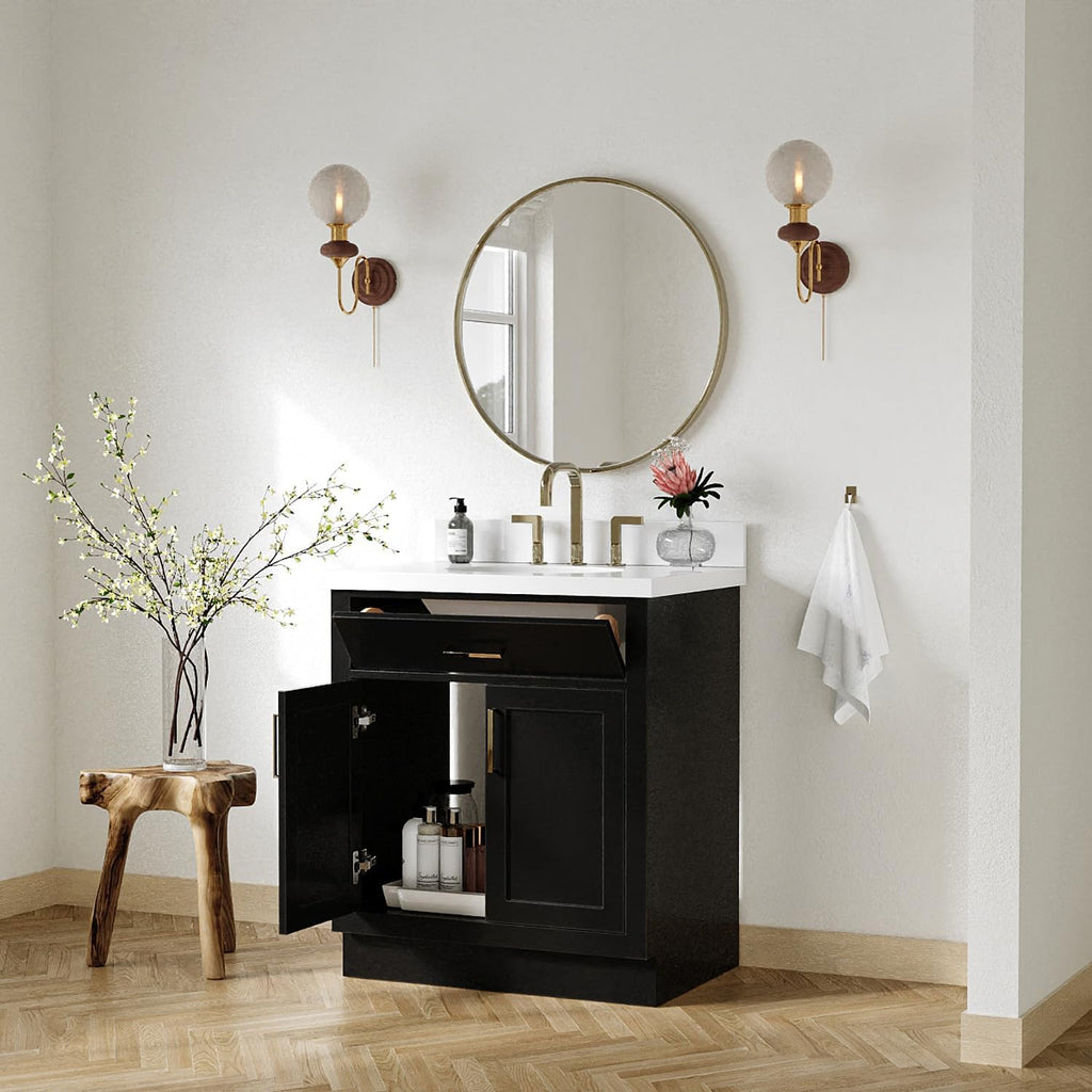 ARIEL Hepburn 30-inch Bathroom Vanity with Sink,Solid Wood, 1.5-inch Pure White Quartz Countertop & Backsplash, Single Oval Porcelain Sink, 2 Soft Closing Doors, 1 Dovetail Drawers, Black