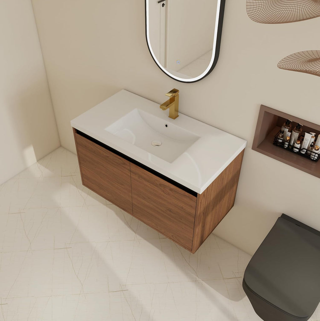 36 inch Bathroom Vanity with Sink, Wall-Mounted Floating Vanity with 2 Soft-Close Doors, Easy Assembly, Engineered Wood in Elegant Brown, Modern Style for Bathroom