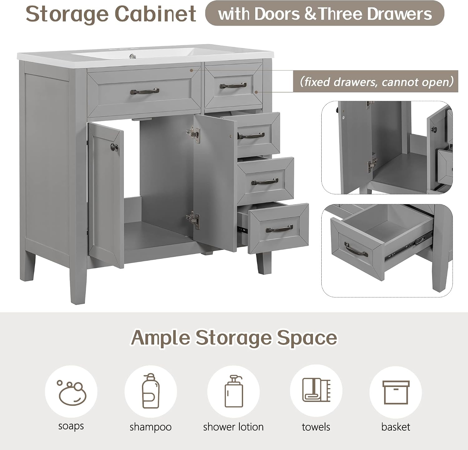 36 Inch Bathroom Vanity Without Sink, Base Only, Storage Cabinet with Doors and Drawers, Grey