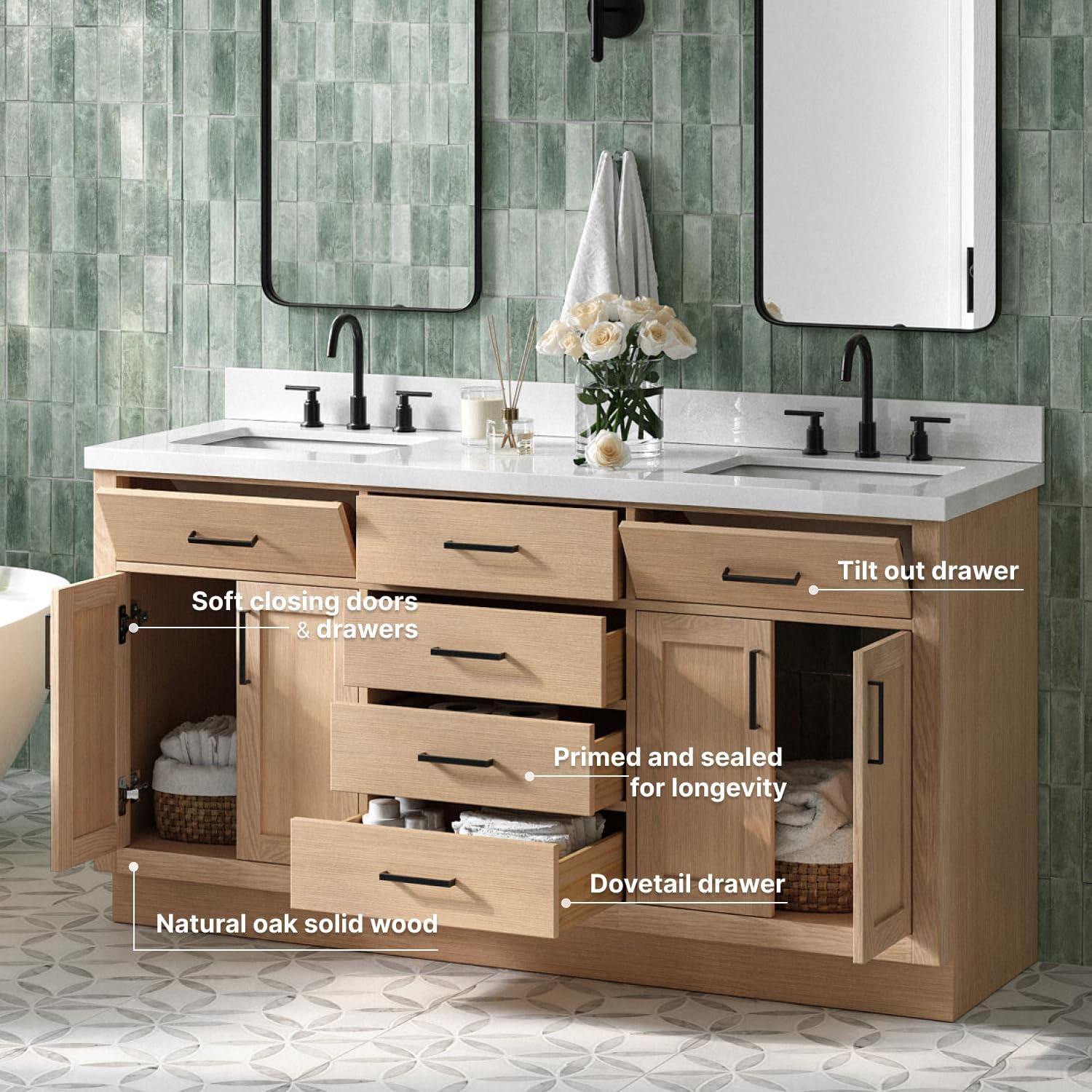 ARIEL Hepburn 66-inch Bathroom Vanity with Sink,Solid Wood, 1.5-inch Pure White Quartz Countertop, Double Rectangular Porcelain Sink, 4 Soft Closing Doors, 6 Dovetail Drawers, White Oak