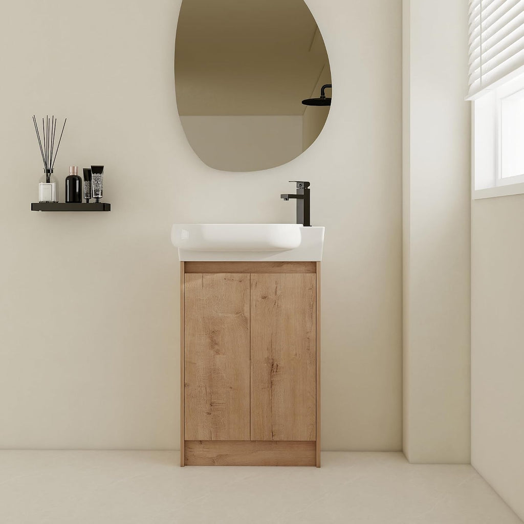 23' Small Bathroom Vanity with Sink, Freestanding Bathroom Vanity Cabinet with Round Ceramic Basin, Soft Closing Doors, Adjustable Shelves, Modern Single Sink Bathroom Vanity, Imitative Oak