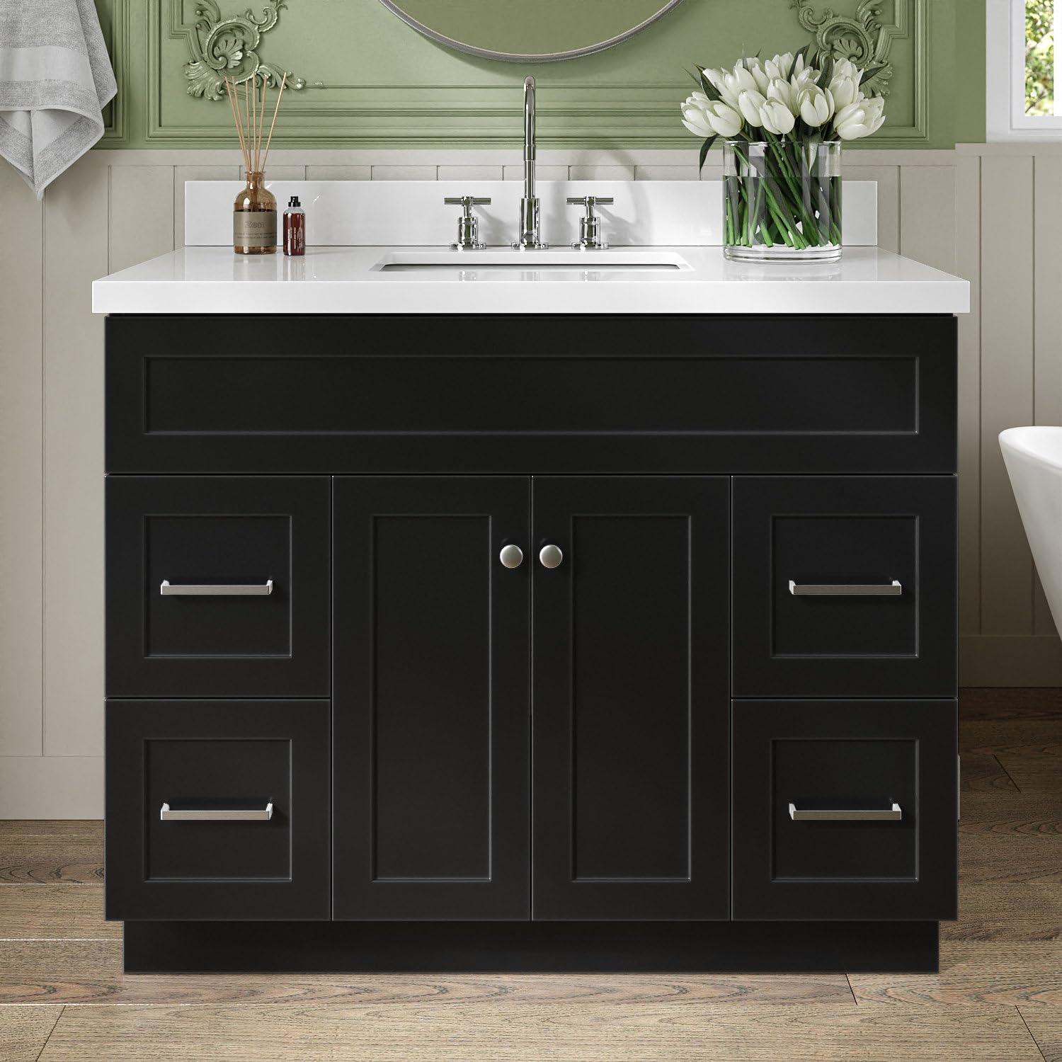 ARIEL Hamlet 42-inch Bathroom Vanity with Sink,Solid Wood, 1.5-inch Pure White Quartz Countertop & Backsplash, Single Rectangular Porcelain Sink, 2 Soft Closing Doors, 4 Dovetail Drawers, Black