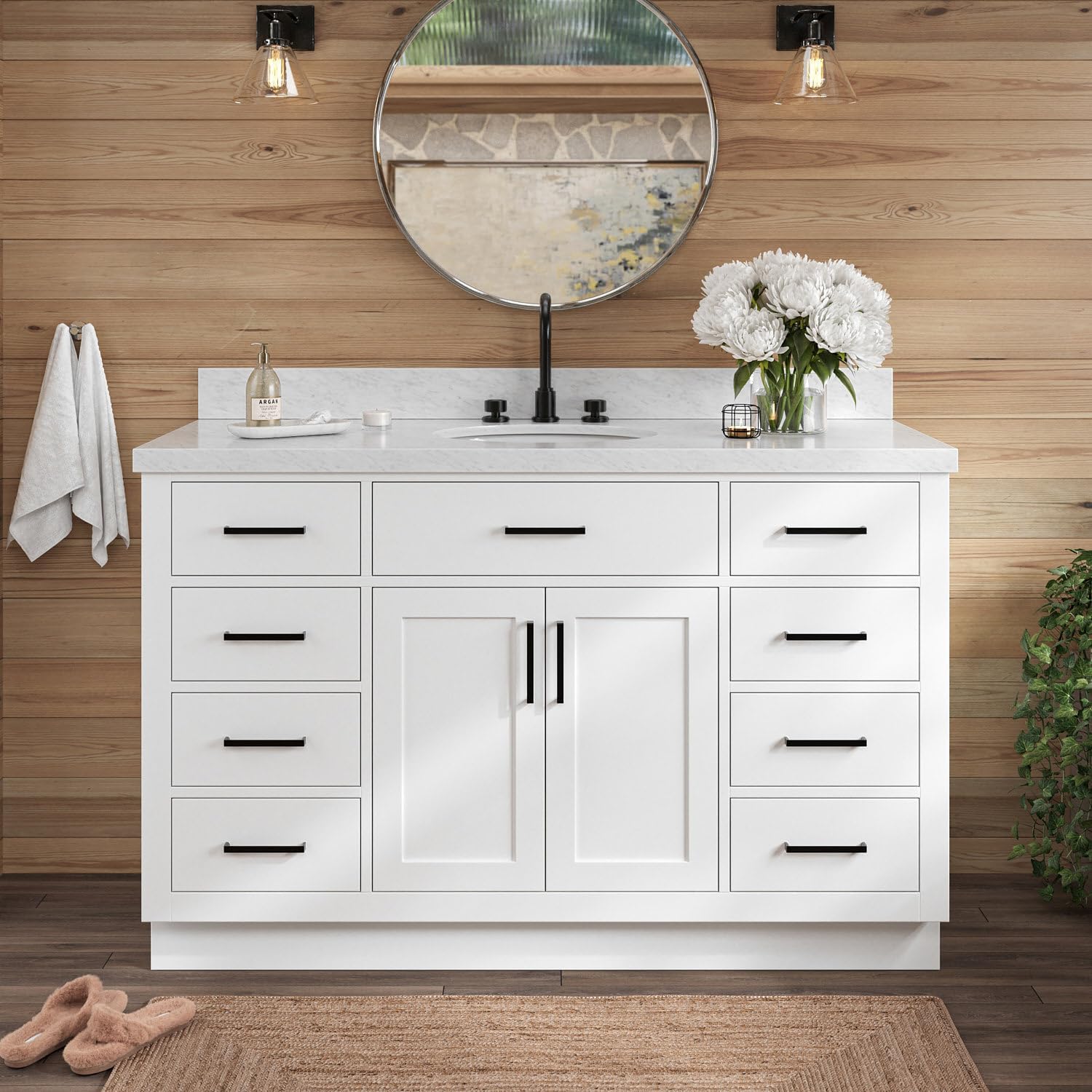 ARIEL Hepburn 54-inch Bathroom Vanity with Sink,Solid Wood, 1.5-inch Italian Carrara Marble Countertop & Backsplash, Single Oval Porcelain Sink, 2 Soft Closing Doors, 9 Dovetail Drawers, White