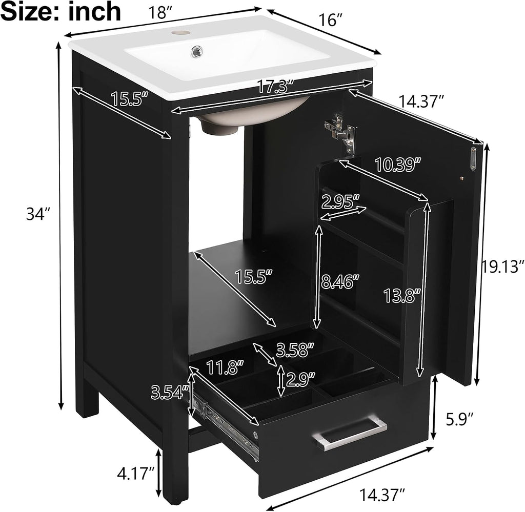 VilroCaz Modern 18'' Bathroom Vanity with Top Sink, Freestanding Bathroom Storage Cabinet with Door and Divider Drawer, Single Sink Cabinet with Adjustable Plastic Foot Pads (Black+1 Drawer)