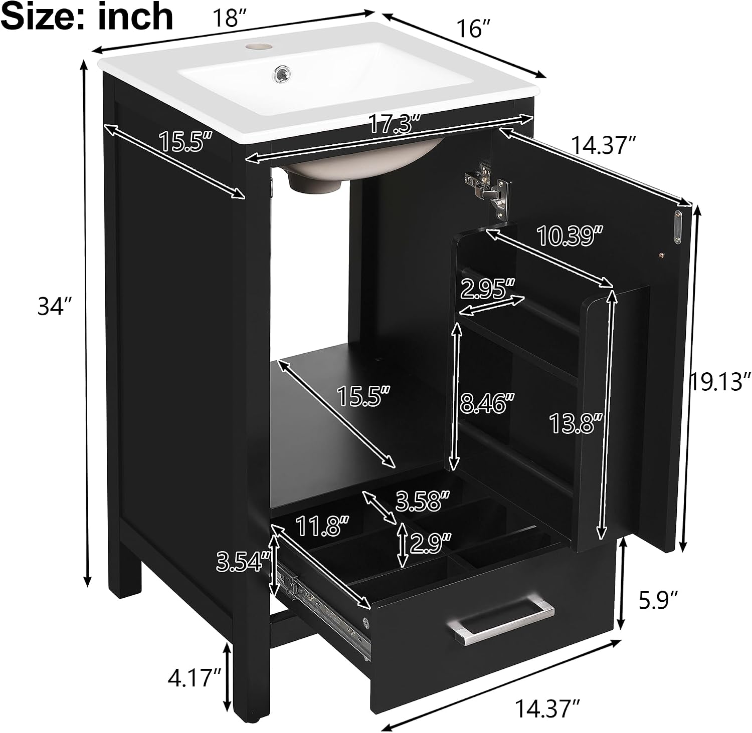 VilroCaz Modern 18'' Bathroom Vanity with Top Sink, Freestanding Bathroom Storage Cabinet with Door and Divider Drawer, Single Sink Cabinet with Adjustable Plastic Foot Pads (Black+1 Drawer)