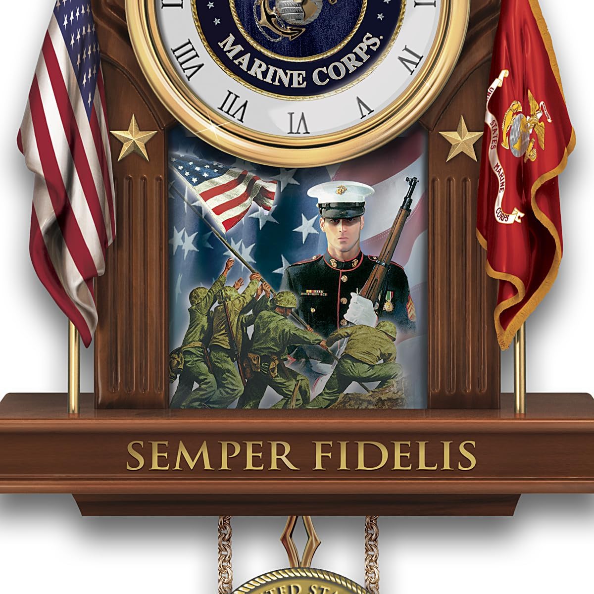 The Bradford Exchange USMC Semper Fi Fully Sculpted Cuckoo Clock with Mahogany Finish