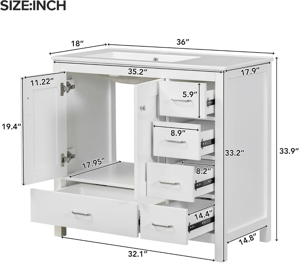 Harper & Bright Designs 36' Bathroom Vanity with Sink, Free Standing Single Basin Vanity Set with Two Doors and 5 Drawers, Solid Wood Bathroom Cabinet with Ceramic Basin for Bathroom, White