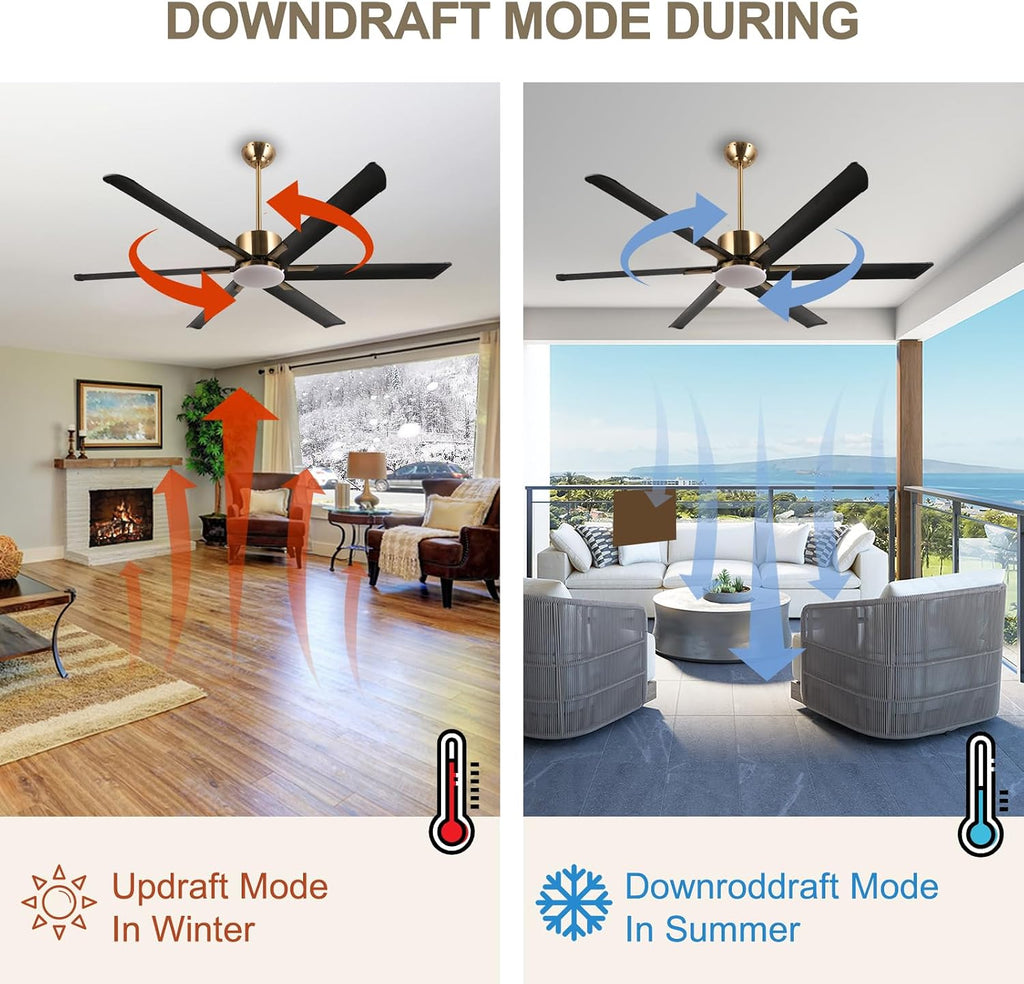reiga 72' Indoor Outdoor Black Gold 6 Aluminum Metal Blades Extra Large Modern DC Ceiling Fan with Dimming LED Light Kit, 6 Speeds, Timer, Reversible Airflow Motor for Garage, Patio, Living Room