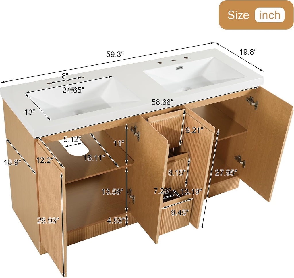 60 Inch Bathroom Vanity with Sink, Modern Fluted Freestanding Double Bathroom Vanity Cabinet with 4 Soft Closing Doors & 3 Drawers, Waterproof Lacquer Finish for Master Bathroom & Family Home