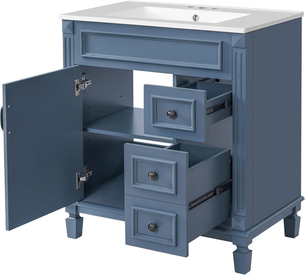 30 Inch Blue-Grey Bathroom Vanity with Sink,Modern Bathroom Vanity with 2 Right Hand Drawers & Adjustable Shelf,Soft Closing Doors & Black Handles,Solid Wood Frame,French Embossed Front