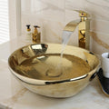 Oval Gold Vessel Sink with Faucet and Pop-Up Drain 17'x14' Bathroom Ceramic Basin Above Counter Bowl Sinks Thickened Compact Boat Shape Sinks for Small Bathrooms Vanities and Apartment Top