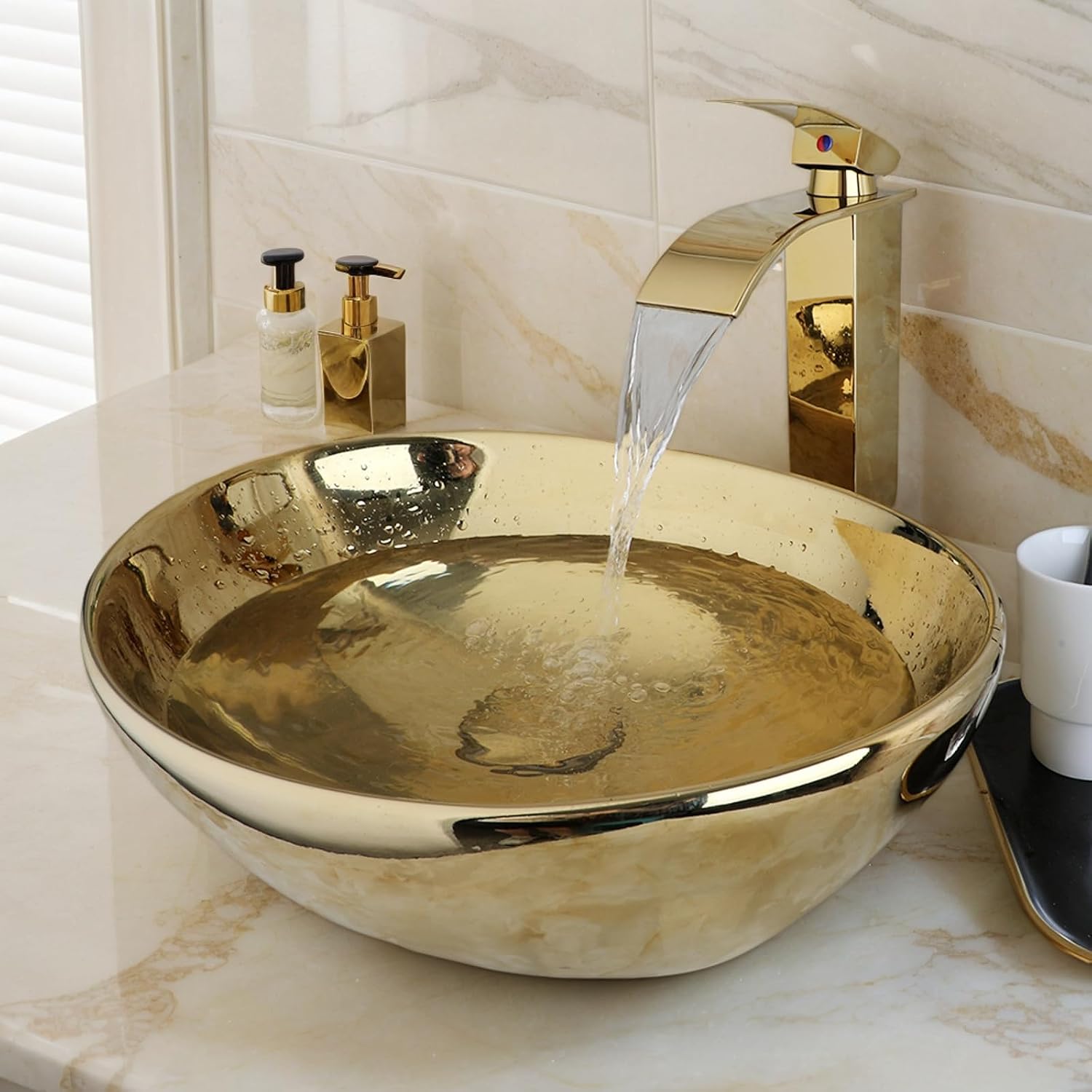Oval Gold Vessel Sink with Faucet and Pop-Up Drain 17'x14' Bathroom Ceramic Basin Above Counter Bowl Sinks Thickened Compact Boat Shape Sinks for Small Bathrooms Vanities and Apartment Top