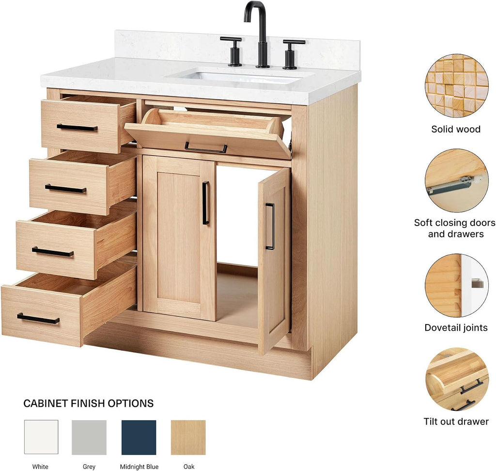 ARIEL Hepburn 36-inch Bathroom Vanity with Sink,Solid Wood, 1.5-inch Carrara White Quartz Countertop, Single Rectangular Porcelain Sink, 2 Soft Closing Doors, 5 Dovetail Drawers, White Oak