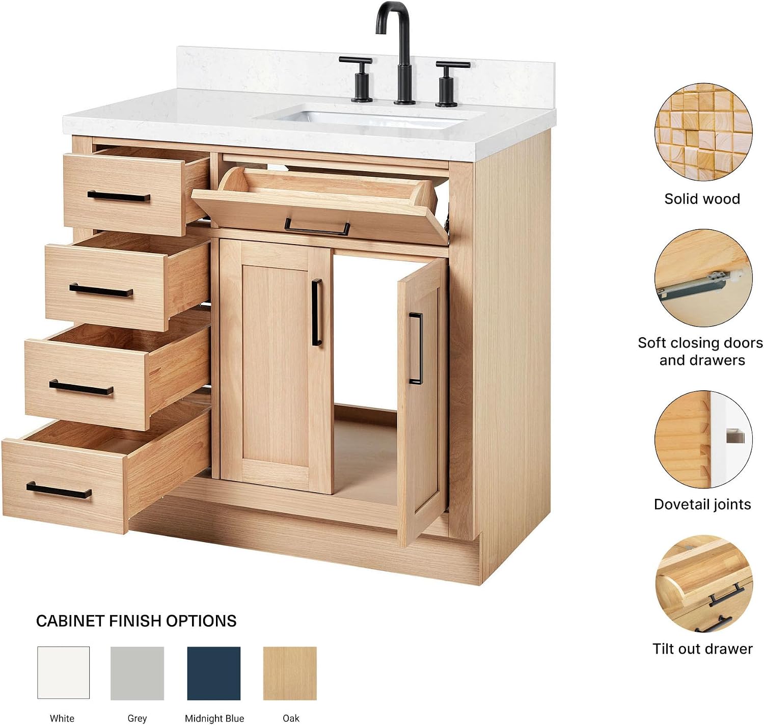 ARIEL Hepburn 36-inch Bathroom Vanity with Sink,Solid Wood, 1.5-inch Carrara White Quartz Countertop, Single Rectangular Porcelain Sink, 2 Soft Closing Doors, 5 Dovetail Drawers, White Oak