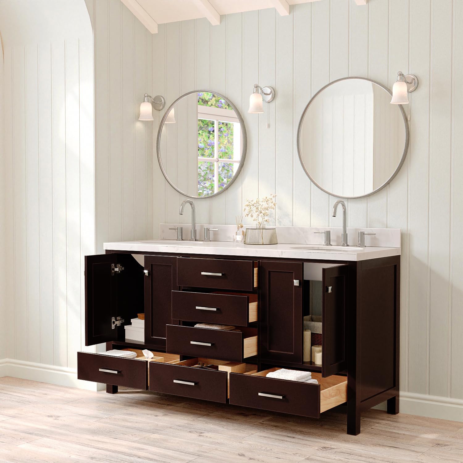 ARIEL Cambridge 66-inch Bathroom Vanity with Sink,Solid Wood, 1.5-inch Carrara White Quartz Countertop & Backsplash, Double Oval Porcelain Sink, 4 Soft Closing Doors, 6 Dovetail Drawers, Espresso