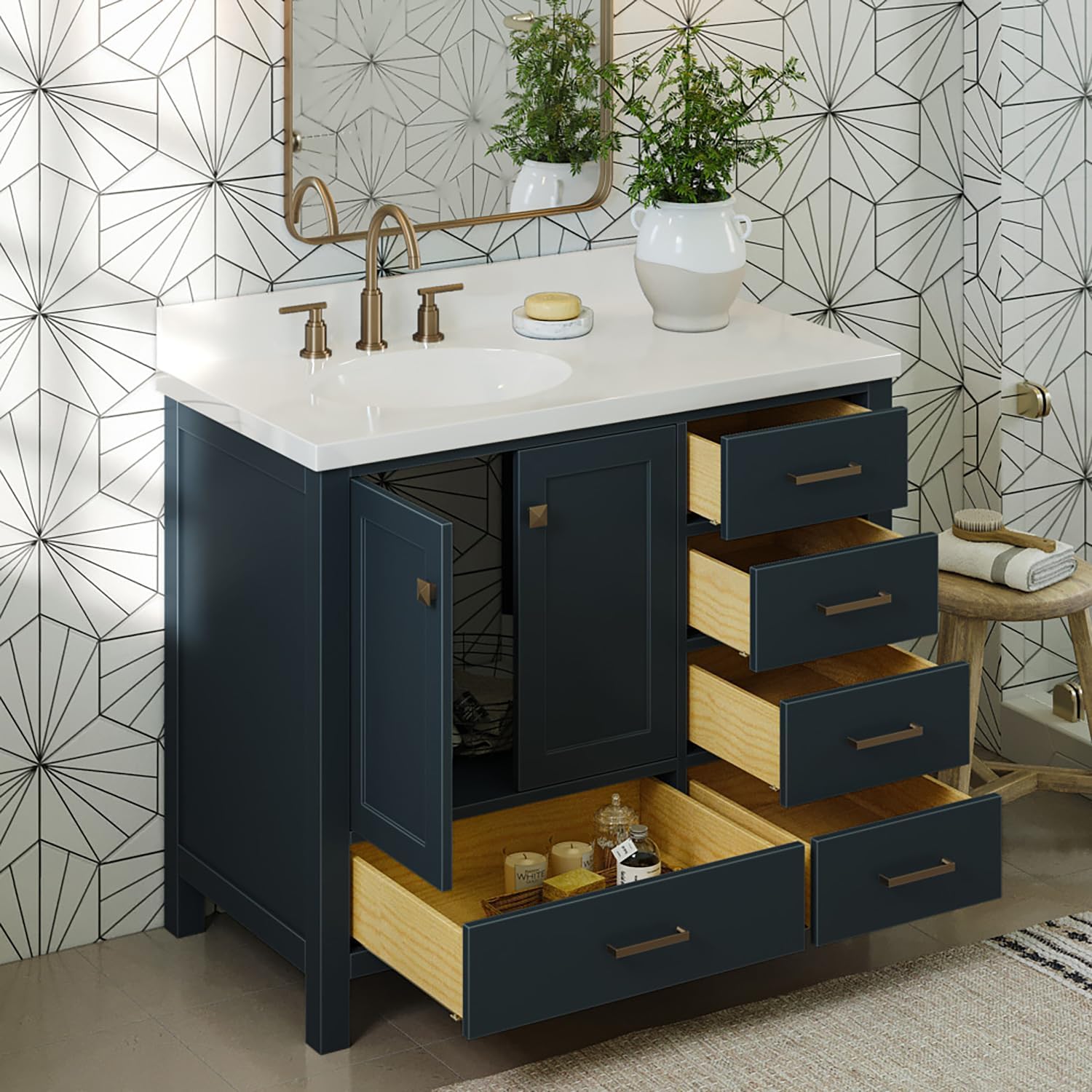 ARIEL Cambridge 42-inch Bathroom Vanity with Sink,Solid Wood, 1.5-inch Pure White Quartz Countertop & Backsplash, Single Oval Porcelain Sink, 2 Soft Closing Doors, 5 Dovetail Drawers, Midnight Blue