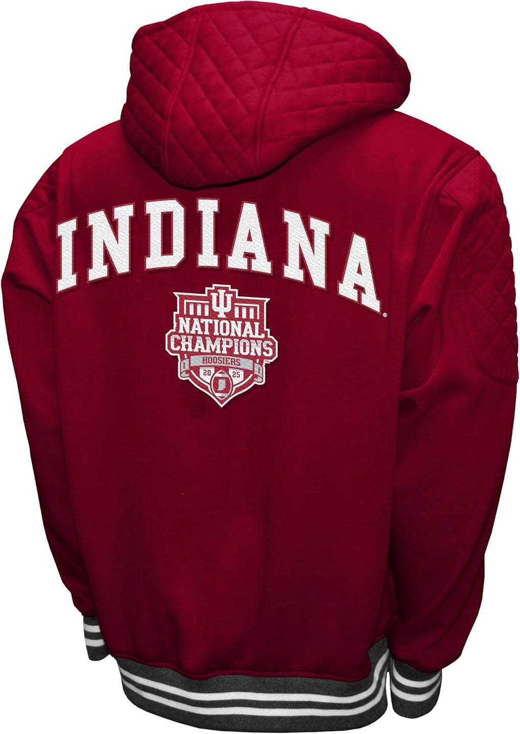 Franchise Club Mens Indiana Hoosiers 2025 Champs Grind Hoodie Jacket | All Red CFP Champions Jacket with Full Zip Front and Licensed Patches and Team Logos