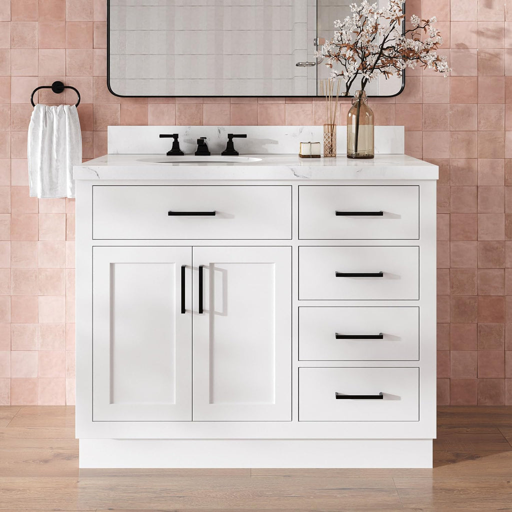 DKB Isabella 42-Inch White Bathroom Vanity with Sink, 1.5' Carrara Quartz Countertop, Solid Wood Frame, Left Oval Sink, 2 Soft Closing Doors, 5 Full Extension Drawers, Toe Kick
