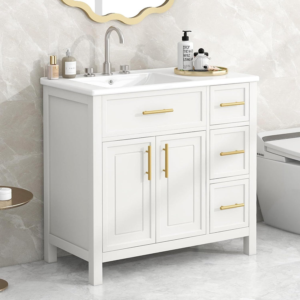 LUMISOL 36' Bathroom Vanity with Offset Sink, Freestanding Bathroom Sink Cabinet with 3 Drawers & 2 Doors, Solid Wood Bathroom Vanity with Offset Ceramic Sink, White