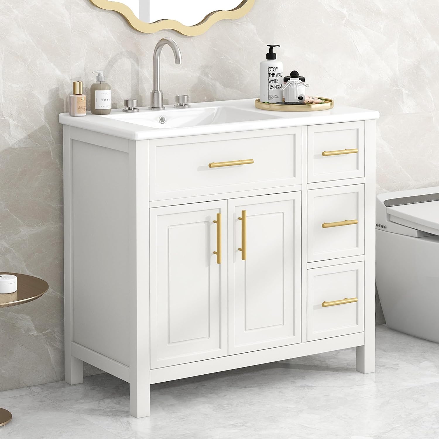 LUMISOL 36' Bathroom Vanity with Offset Sink, Freestanding Bathroom Sink Cabinet with 3 Drawers & 2 Doors, Solid Wood Bathroom Vanity with Offset Ceramic Sink, White