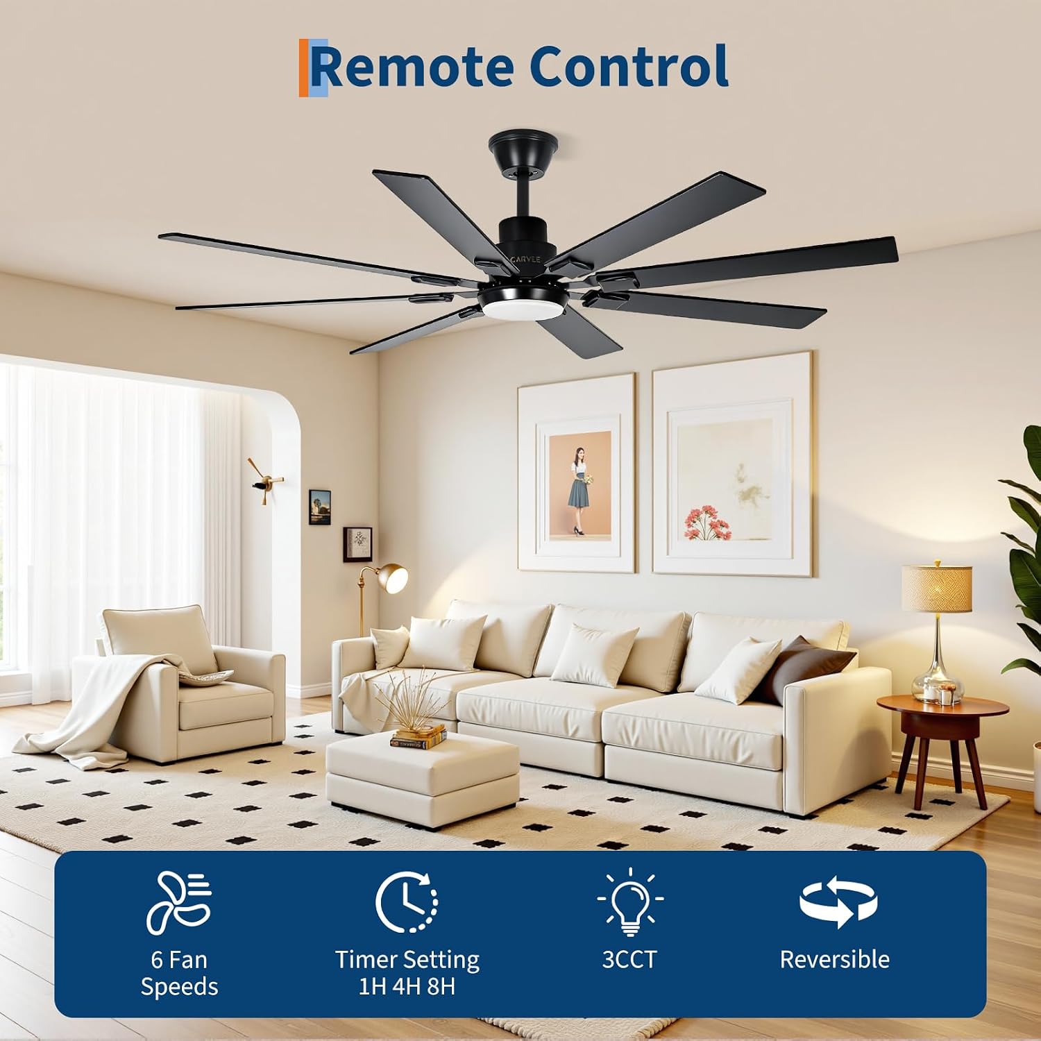 Modern Living Room Ceiling Fans with Lights, 72 Inch Ceiling Fan with Light and Remote,8 Blades 6 Speed Reversible Quiet DC Motor for Bedroom Living Room Library Cafe Outdoor/Industrial