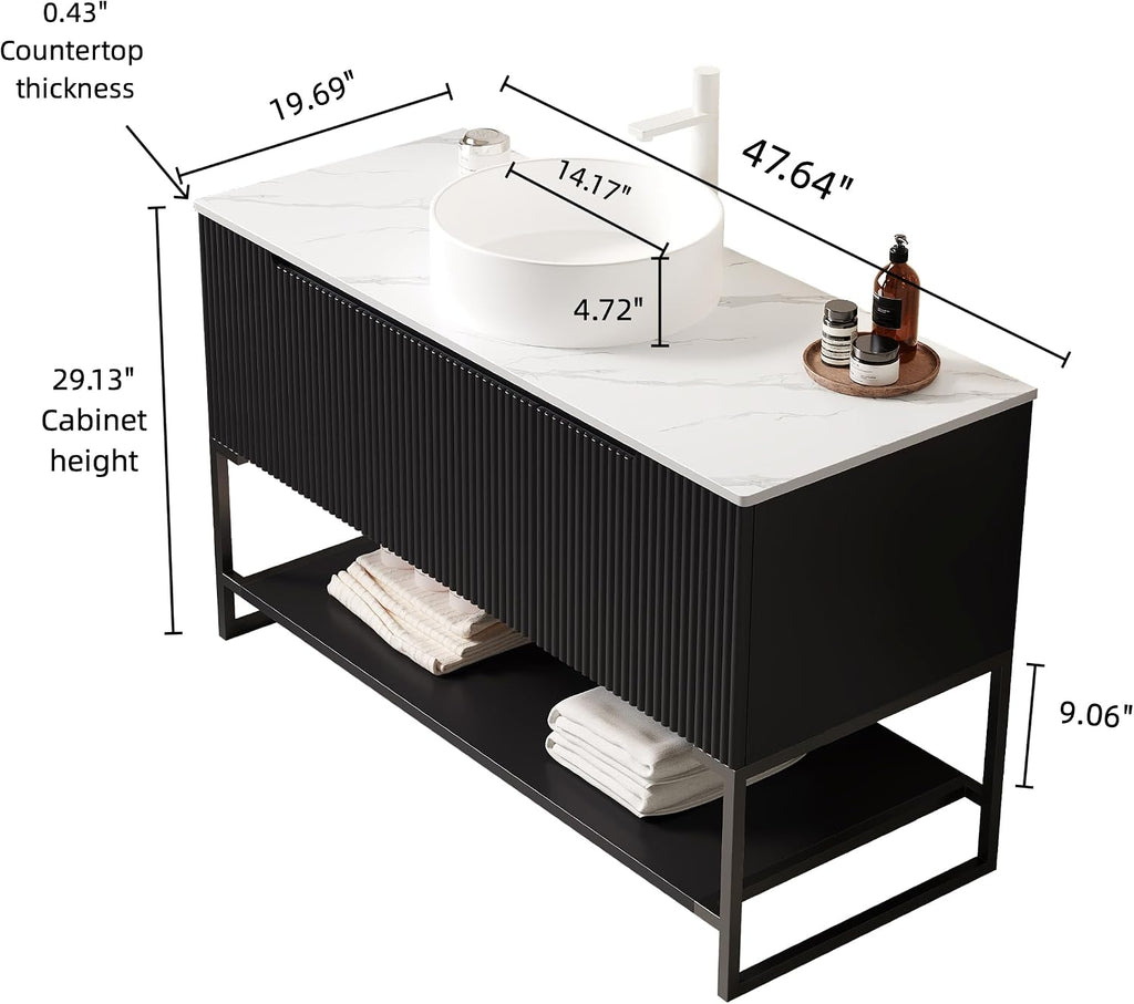 48' Black Bathroom Vanity with Round Ceramic Basin & Marble Top, Freestanding Bathroom Storage Cabinet with 3 Doors and Open Shelf, Modern Single Sink Bathroom Vanities with Soft Close System