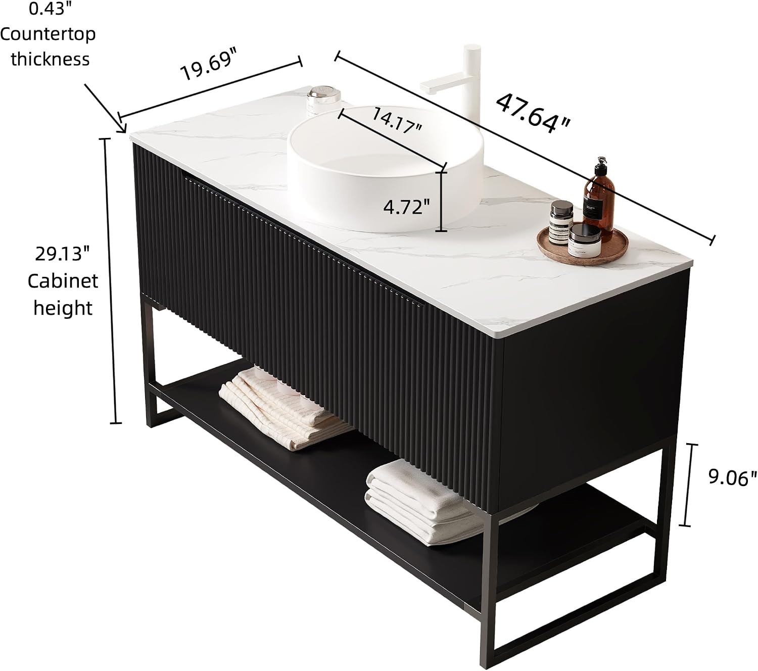 48' Black Bathroom Vanity with Round Ceramic Basin & Marble Top, Freestanding Bathroom Storage Cabinet with 3 Doors and Open Shelf, Modern Single Sink Bathroom Vanities with Soft Close System