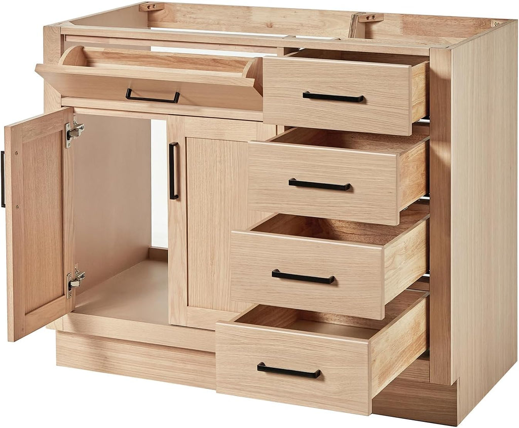 ARIEL Hepburn 42-inch Bathroom Vanity Base Cabinet,Solid Wood, 2 Soft Closing Doors, 5 Dovetail Drawers, White Oak