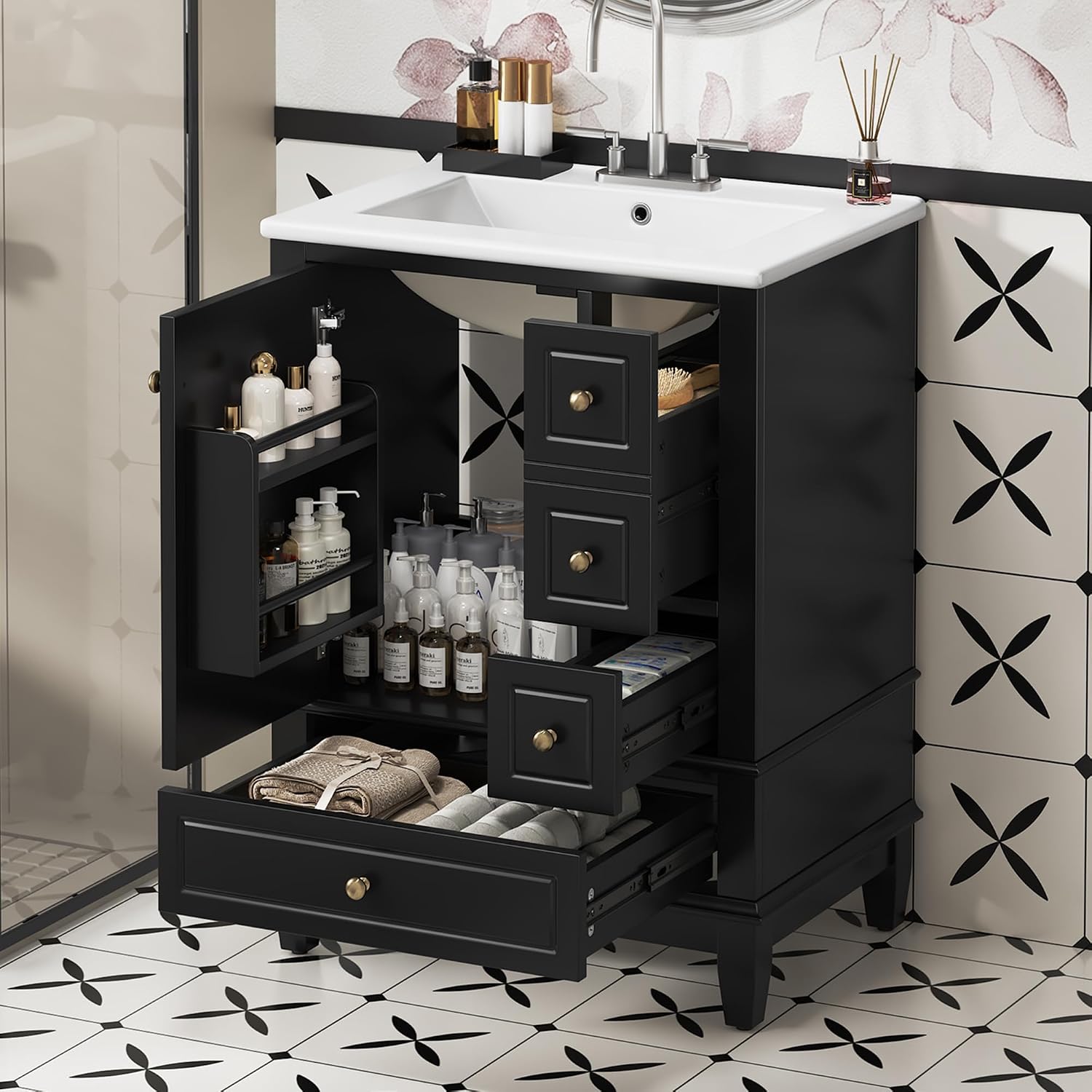 24 Inch Bathroom Vanity with Sink, Freestanding Bathroom Sink Cabinet with 3 Drawers and Storage Door Rack Organizer, Solid Wood Legs, Black