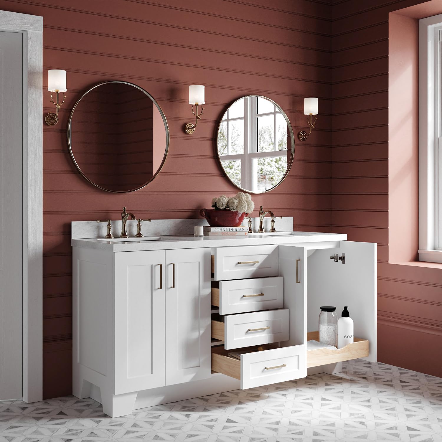 ARIEL Taylor 66-inch Bathroom Vanity with Sink,Solid Wood, 1.5-inch Italian Carrara Marble Countertop, Double Rectangular Porcelain Sink, 4 Soft Closing Doors, 5 Dovetail Drawers, White